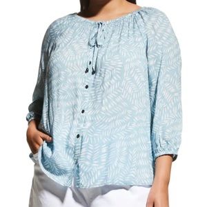 Nic + Zoe In Stitches Tasseled Tie Neckline Blue Multi Printed Lightweight Top